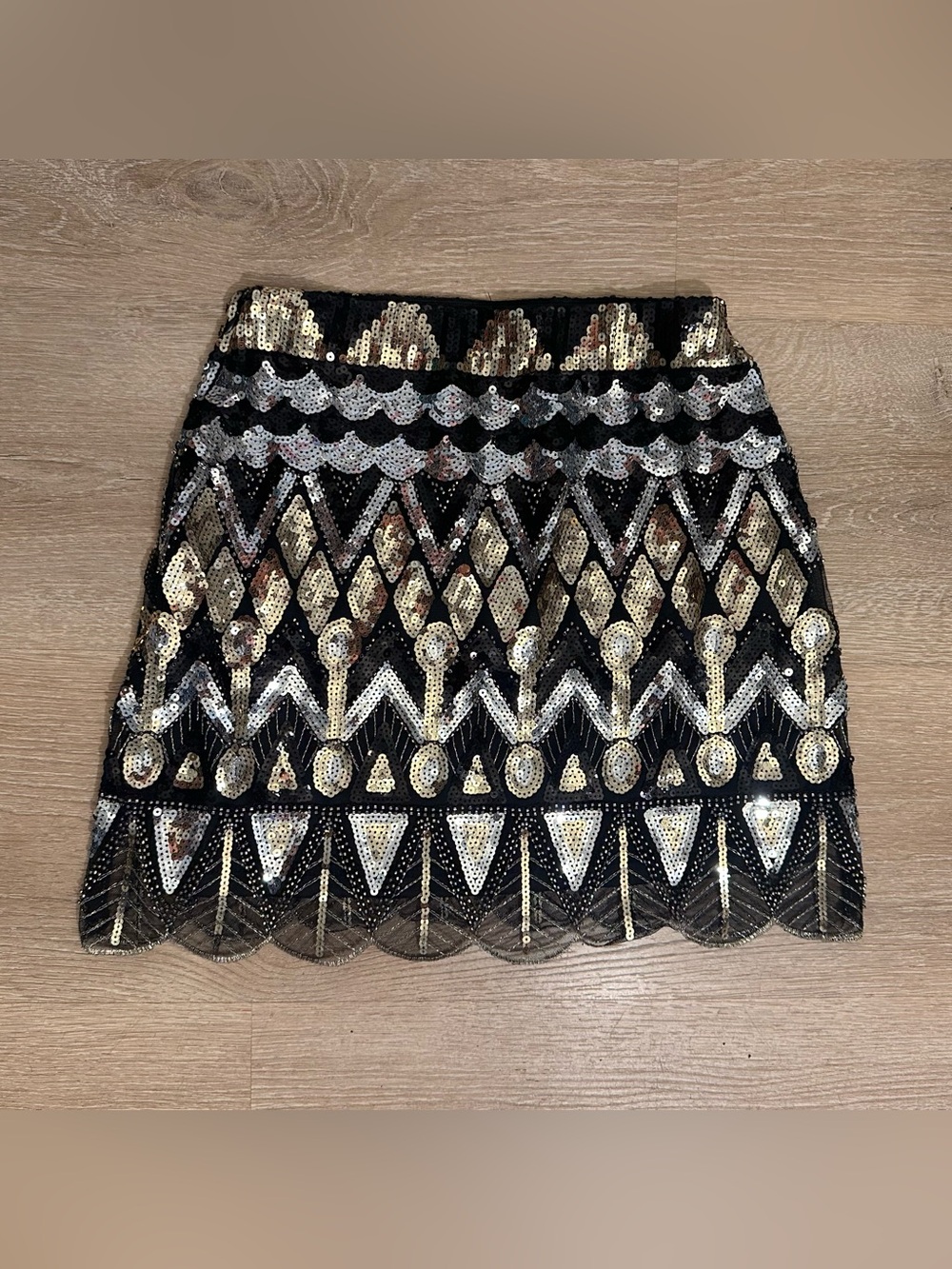 Xscape Black Mini Skirt with Gold and Silver Sequin Pattern